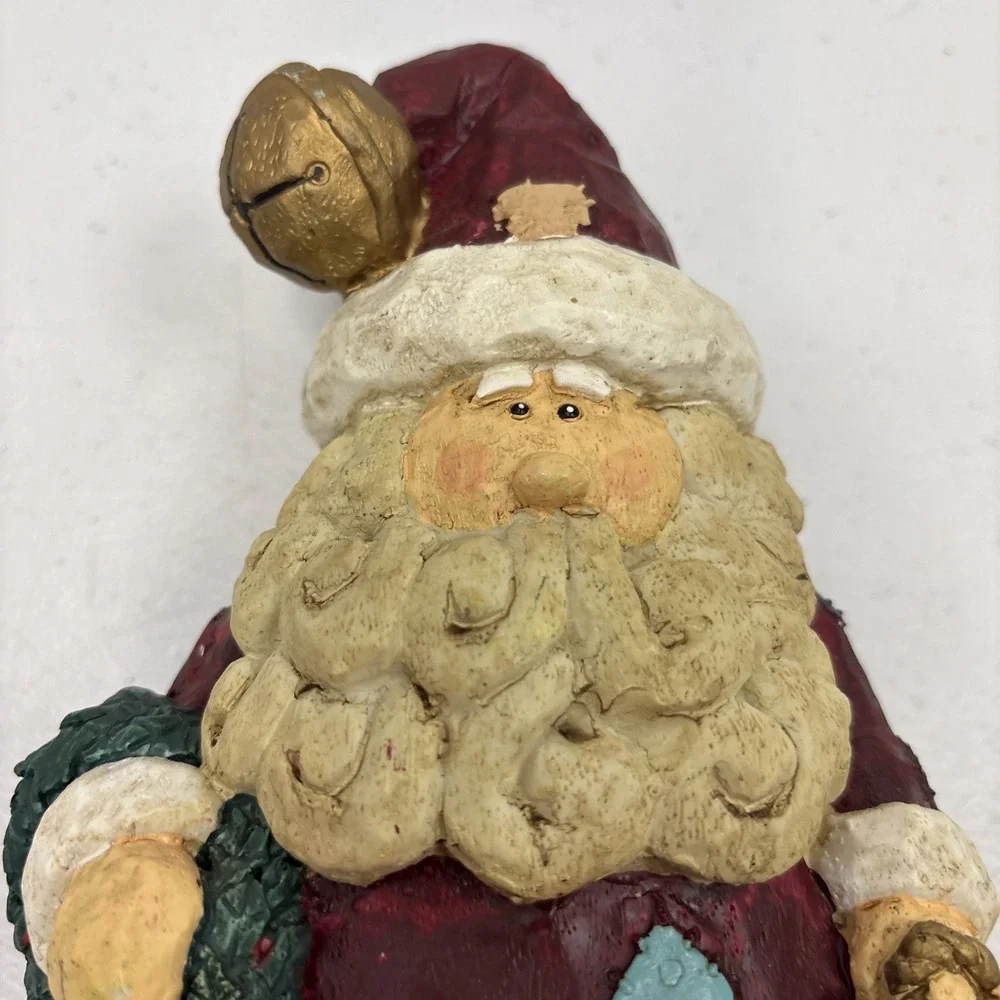 Vtg Resin Patchwork Santa Claus Holding Teddy Wreath‎ & Lantern Figurine